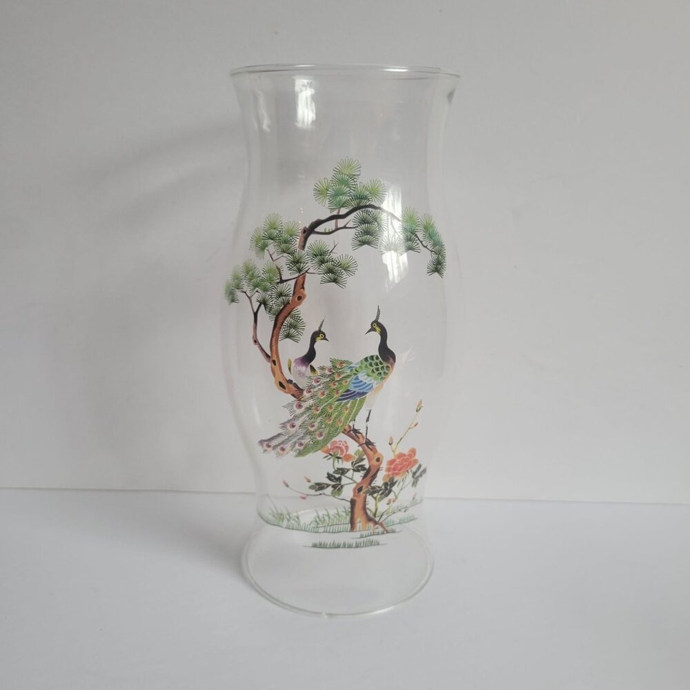 LE Smith Oriental Garden Hand-Painted Glass Hurricane Shade Peacock Pine Tree